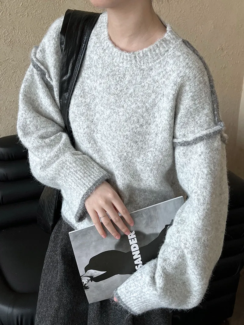 Loose Contrast Color Asymmetric Hem Sweater