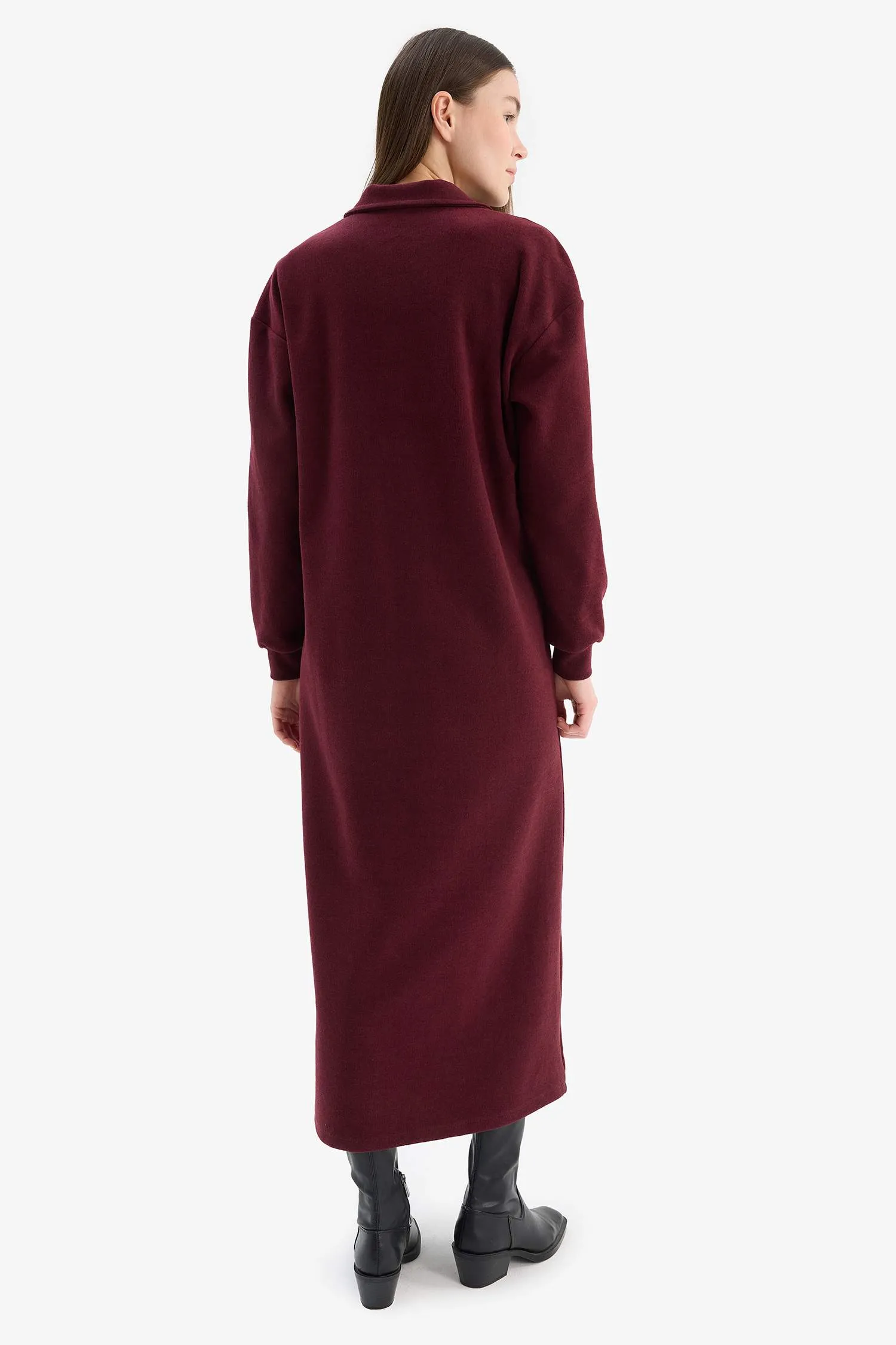 Loose Fit Zippered Polo Collar Basic Midi Dress