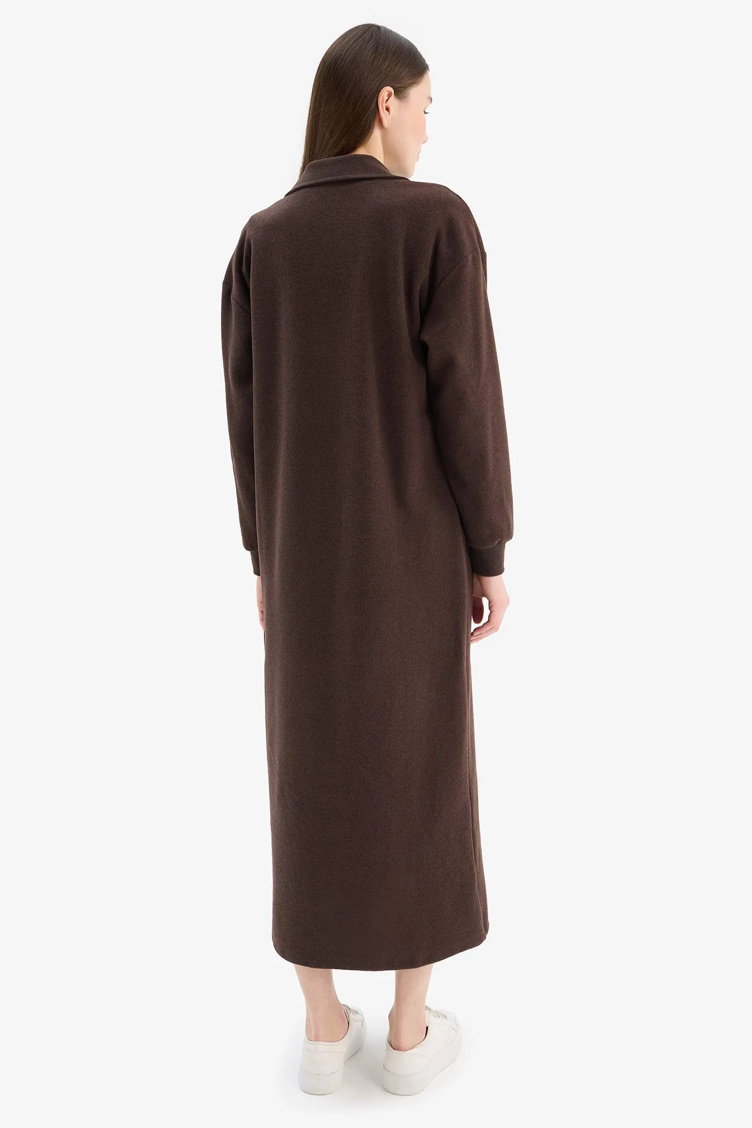 Loose Fit Zippered Polo Collar Basic Midi Dress