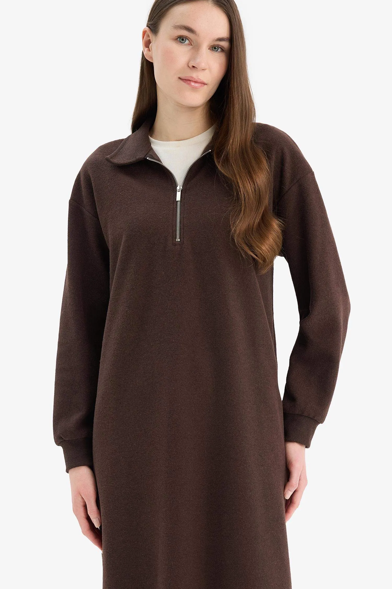 Loose Fit Zippered Polo Collar Basic Midi Dress