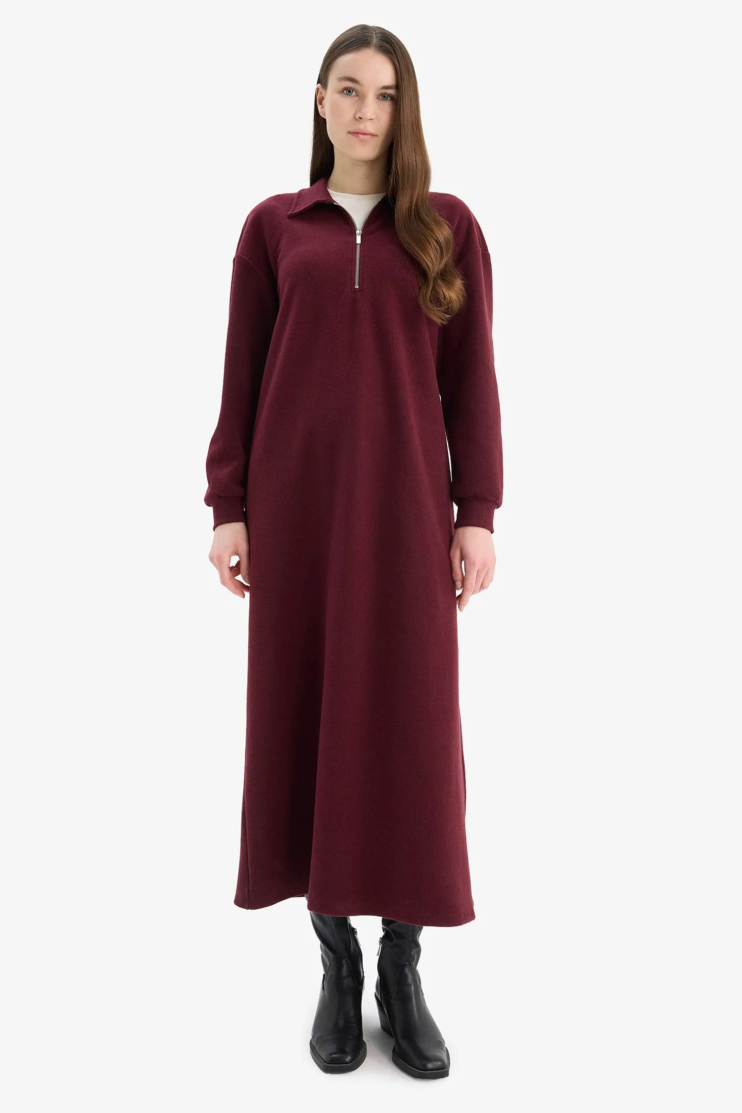 Loose Fit Zippered Polo Collar Basic Midi Dress