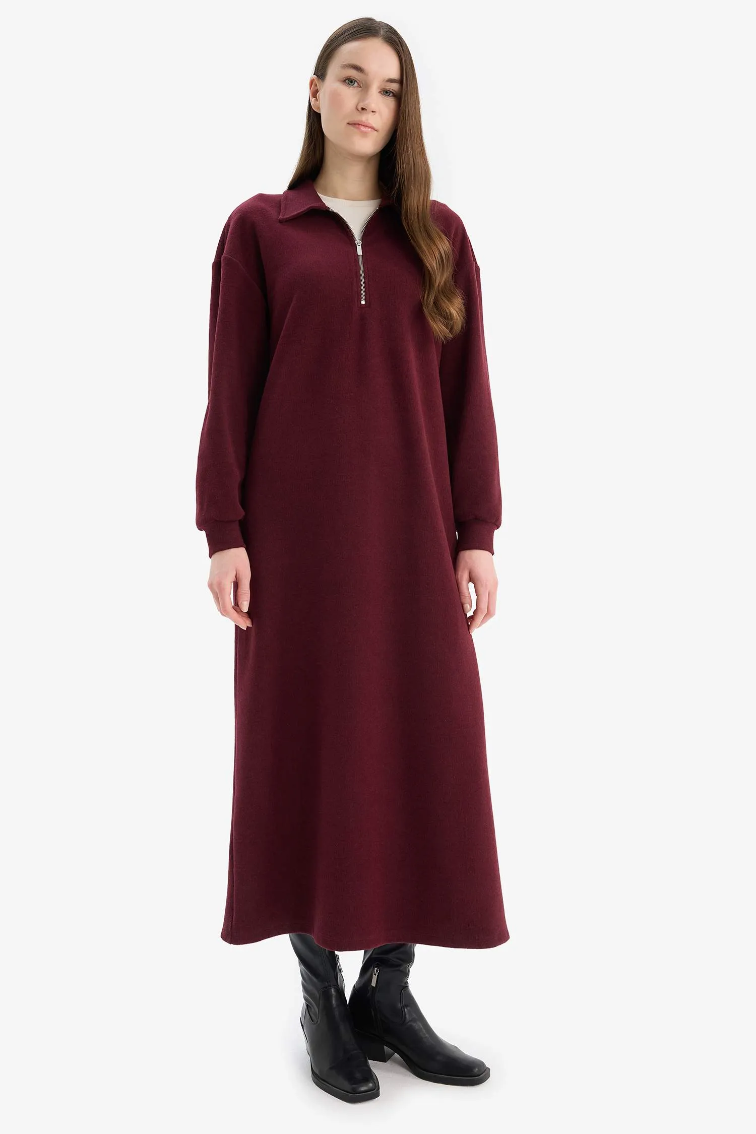 Loose Fit Zippered Polo Collar Basic Midi Dress