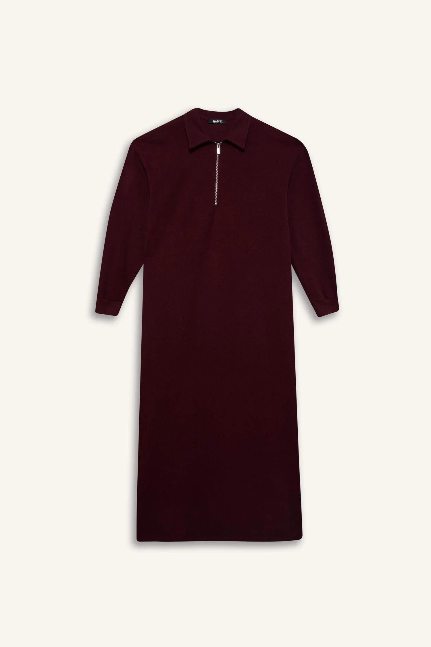 Loose Fit Zippered Polo Collar Basic Midi Dress