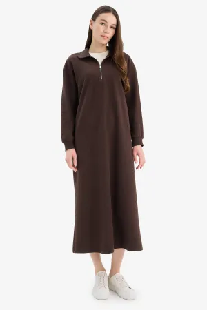 Loose Fit Zippered Polo Collar Basic Midi Dress