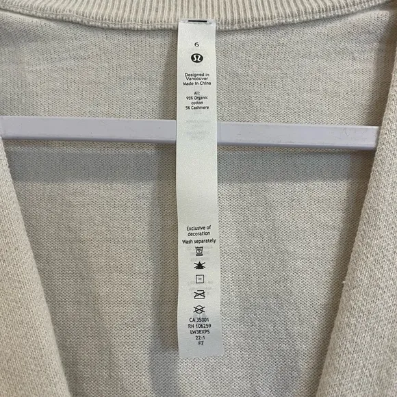 Lululemon Crossover Ribbed Waist Sweater-White Opal-95% Org Cotton|5% Cashmere