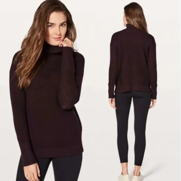 Lululemon Warm &amp; Restore Sweater 100% Merino Wool Black Cherry Purple Red Size 8