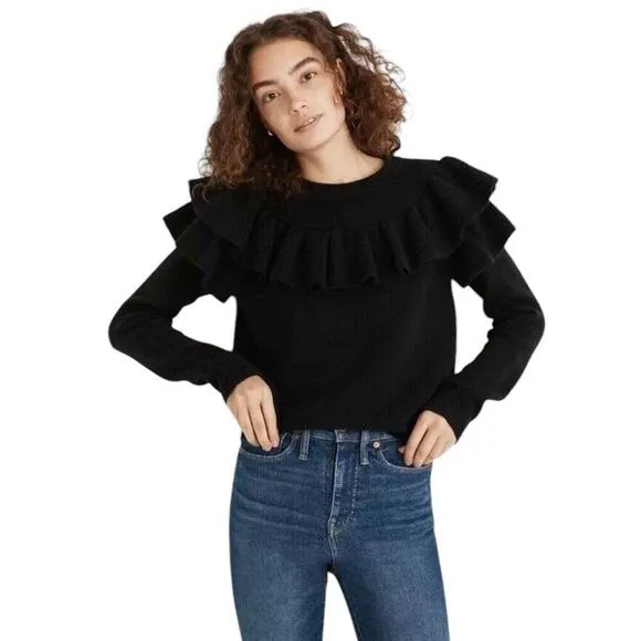 Madewell Ruffle Yoke Sweater Women S Coziest Yarn Pink Crew Neck Wool Blend NWT