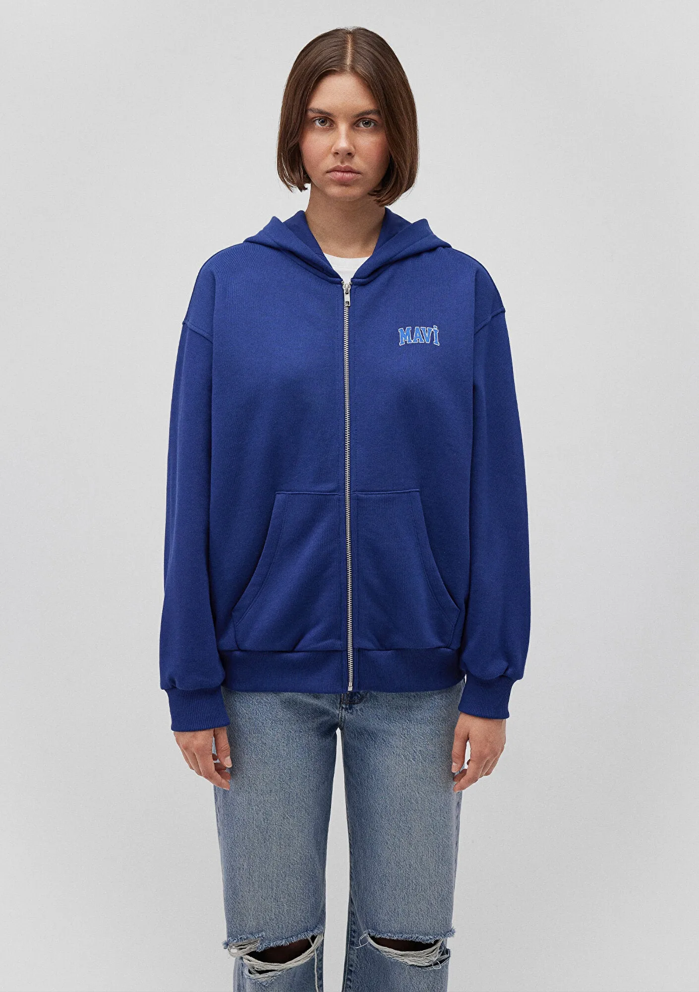 Mavi Logo Printed Hooded Blue Zip Up Sweatshirt