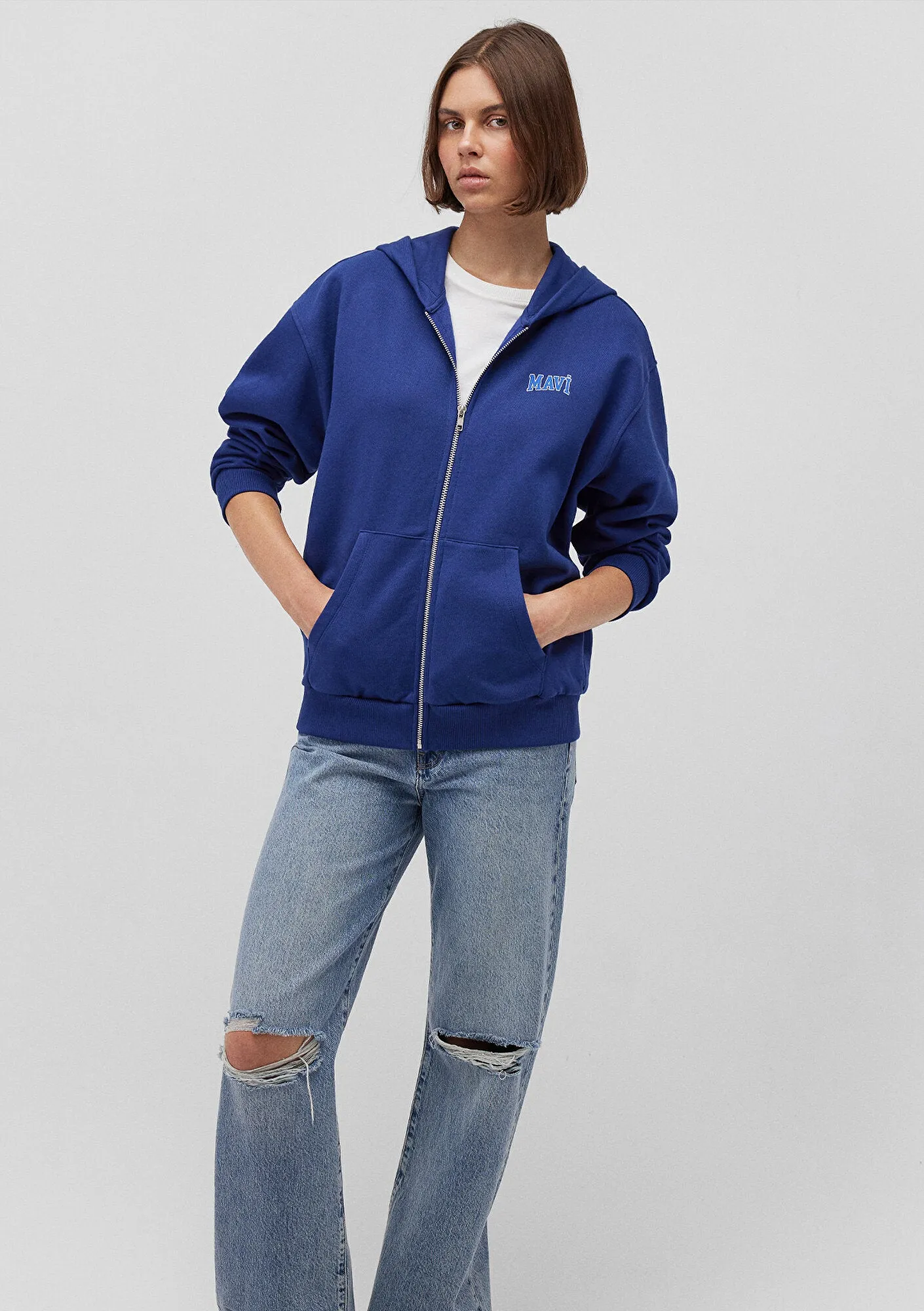 Mavi Logo Printed Hooded Blue Zip Up Sweatshirt