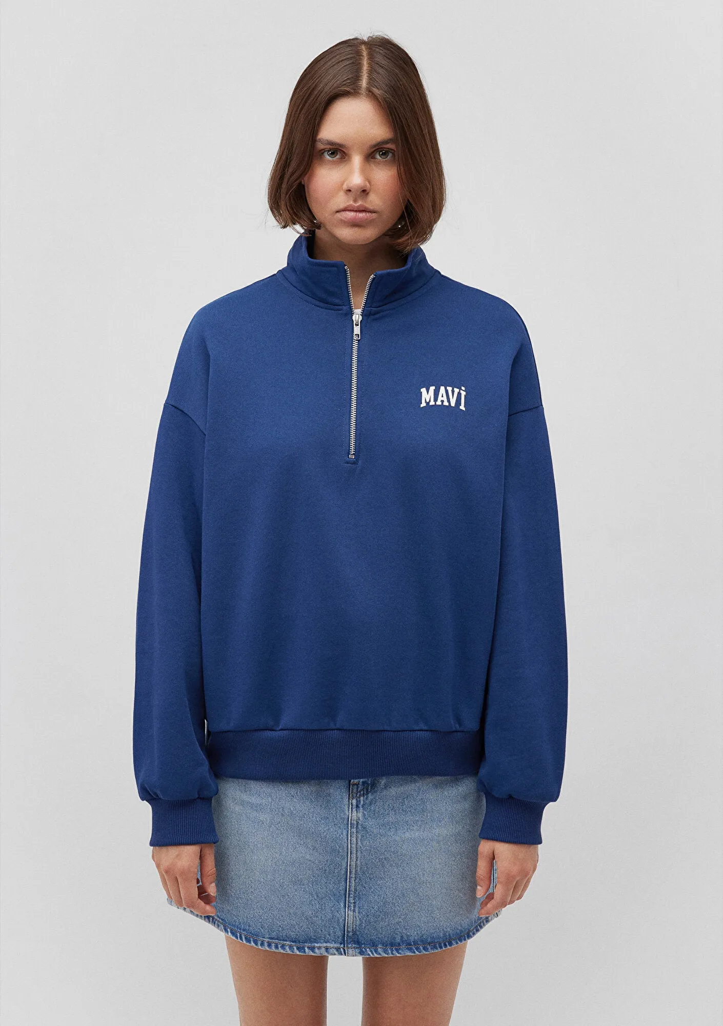 Mavi Logo Printed Navy Half Zip Sweatshirt
