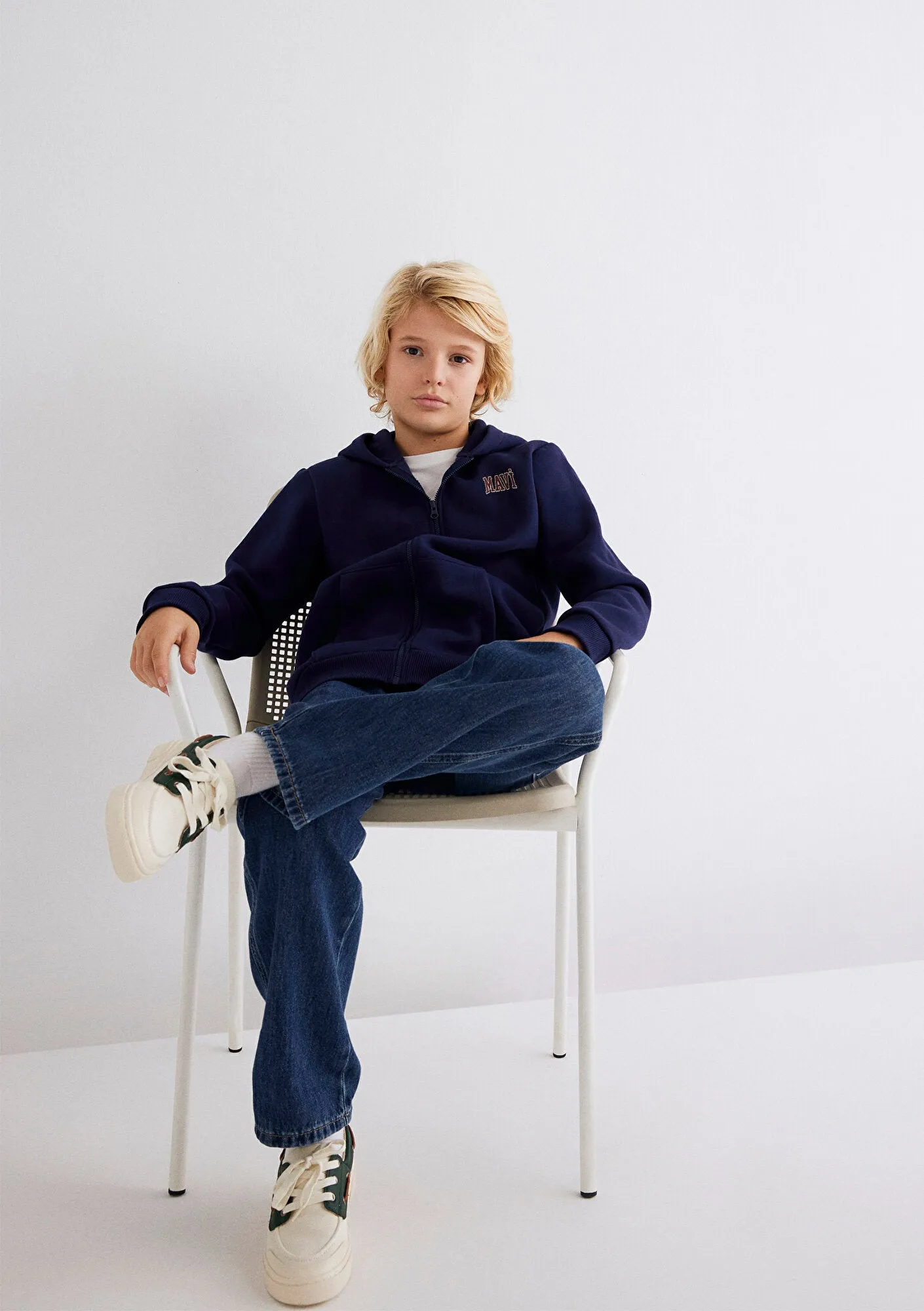 Mavi Logo Printed Navy Hooded Zip Up Sweatshirt