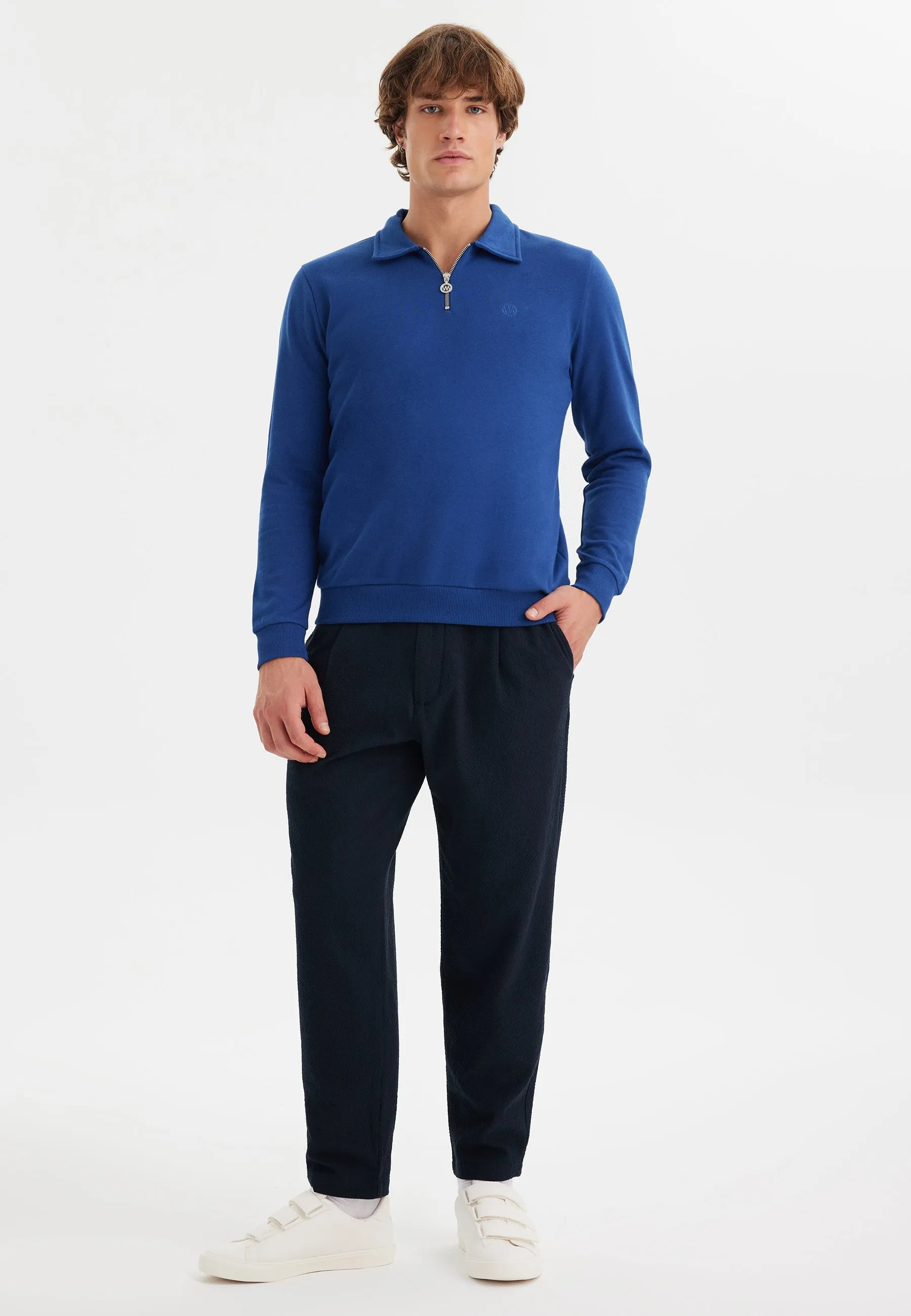 Mavi Yarım Fermuarlı Polo Yaka Pamuklu Regular Fit Erkek Sweatshirt CORE
