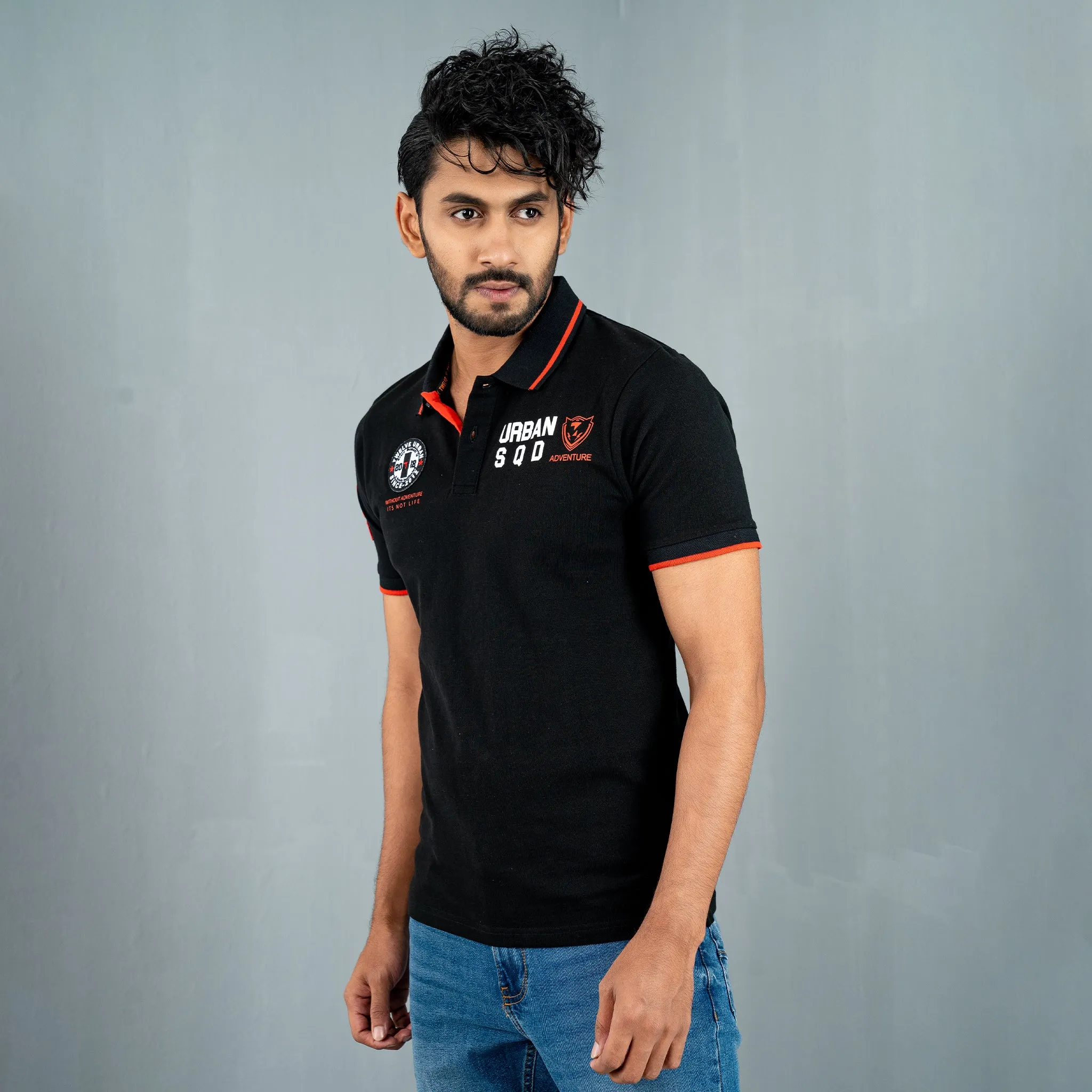 Mens Black Print Polo