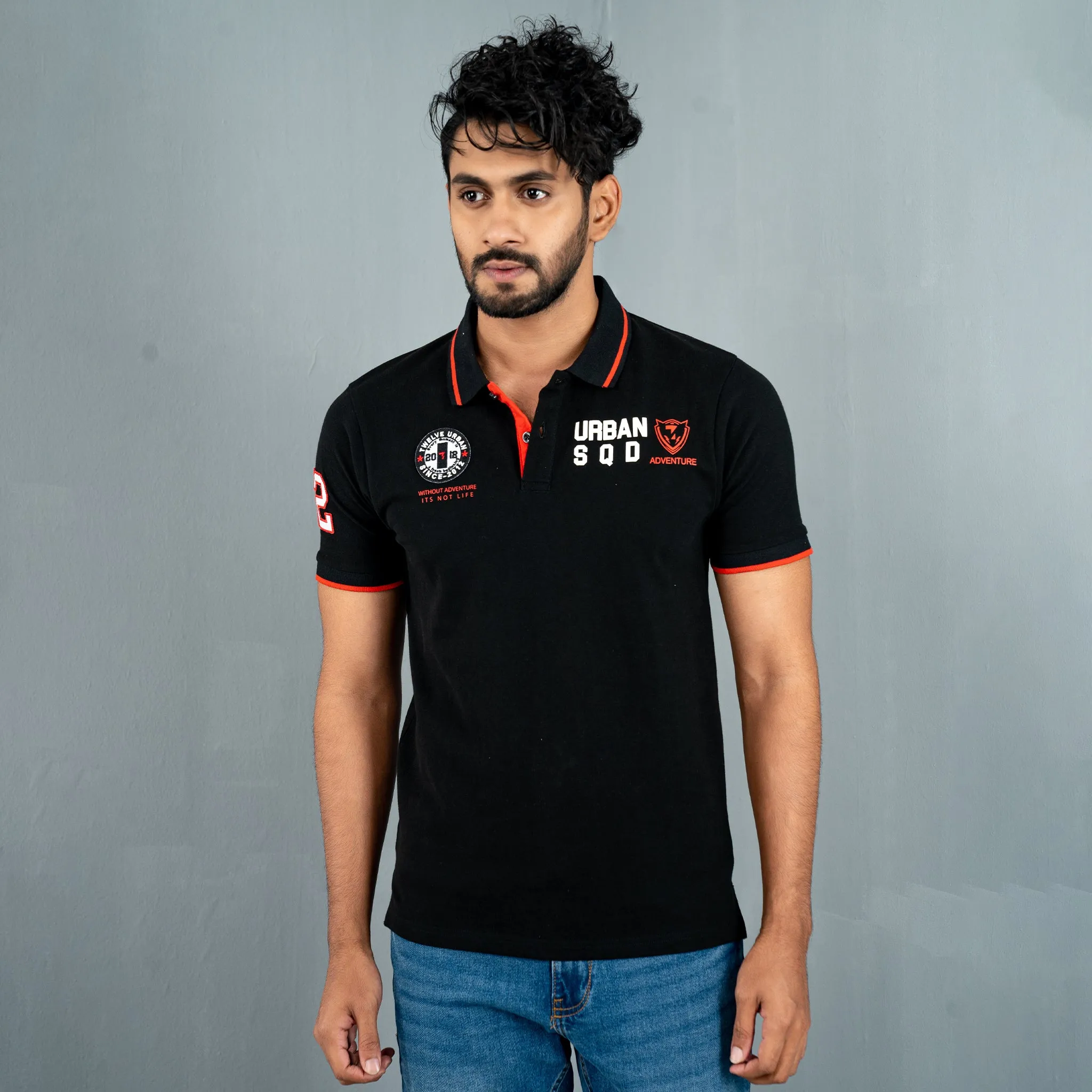 Mens Black Print Polo