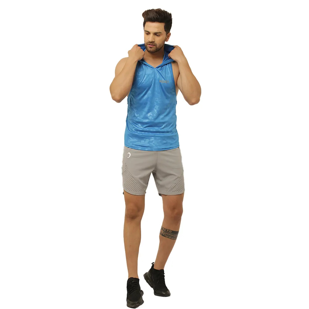 Men's Camouflage Printed Blue Drop Tank with Hood