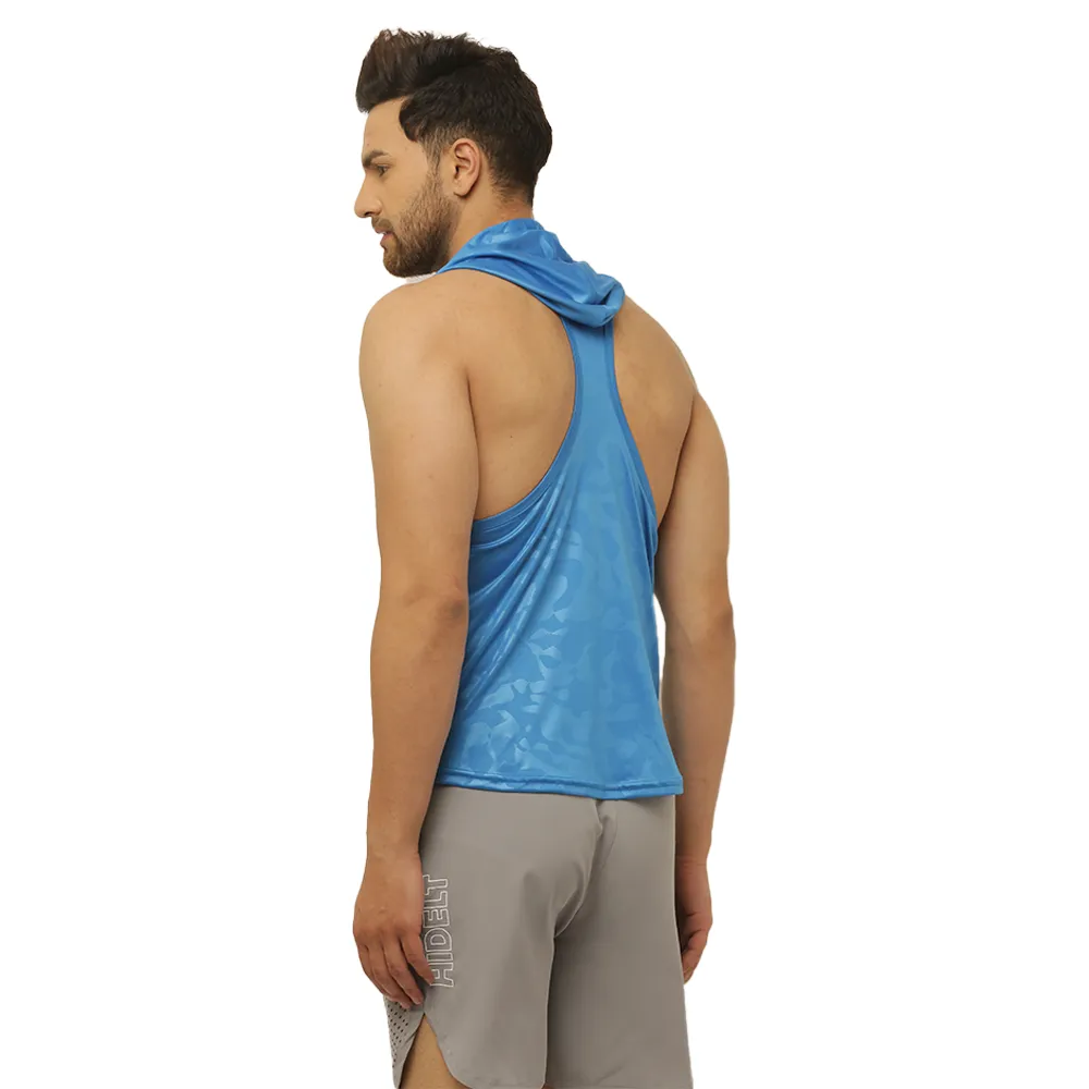 Men's Camouflage Printed Blue Drop Tank with Hood