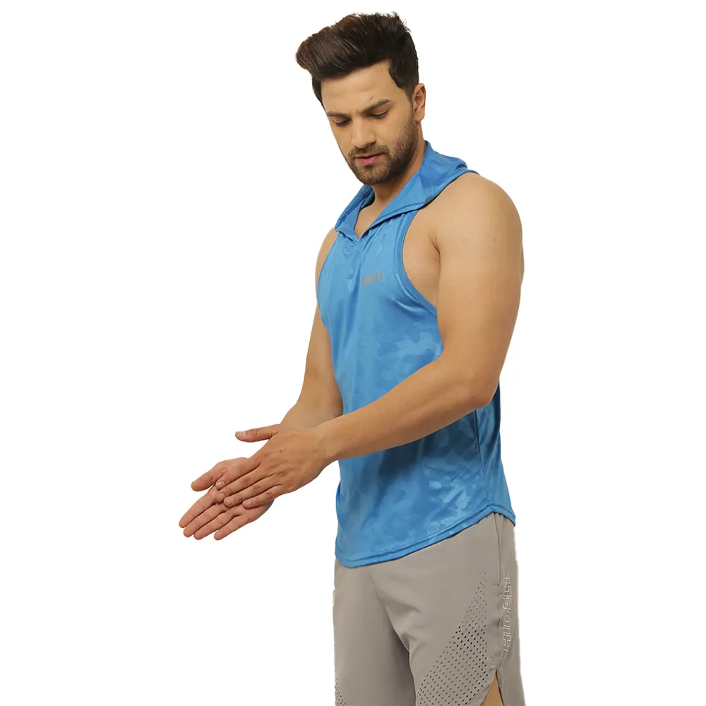 Men's Camouflage Printed Blue Drop Tank with Hood