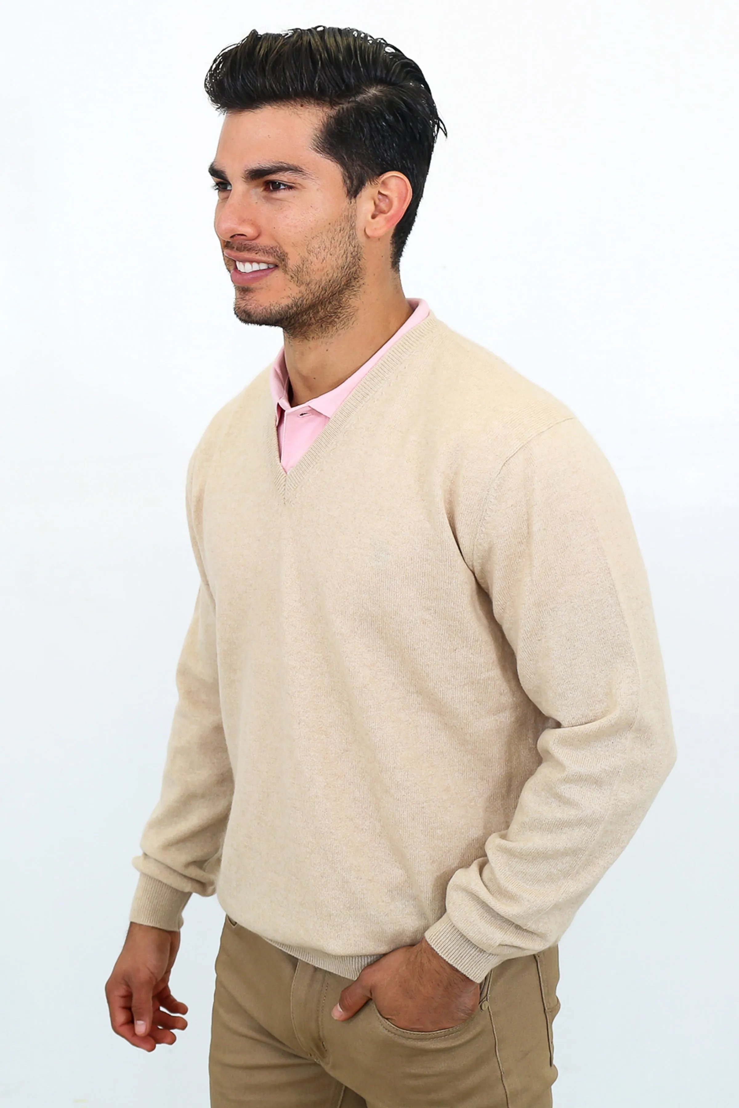 Mens Cashmere V-Neck Sweater - Tan