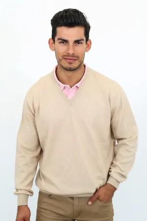Mens Cashmere V-Neck Sweater - Tan