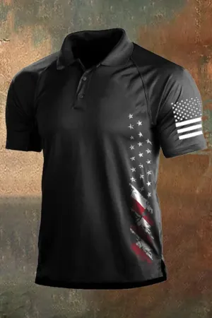 Men's Vintage American Flag Independence Day Color Block Polo Shirt