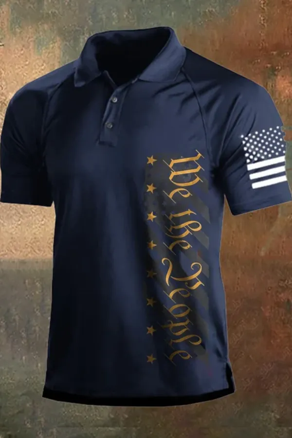 Men's Vintage American Flag Independence Day Color Block Polo Shirt
