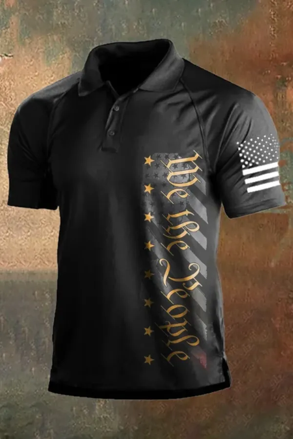 Men's Vintage American Flag Independence Day Color Block Polo Shirt