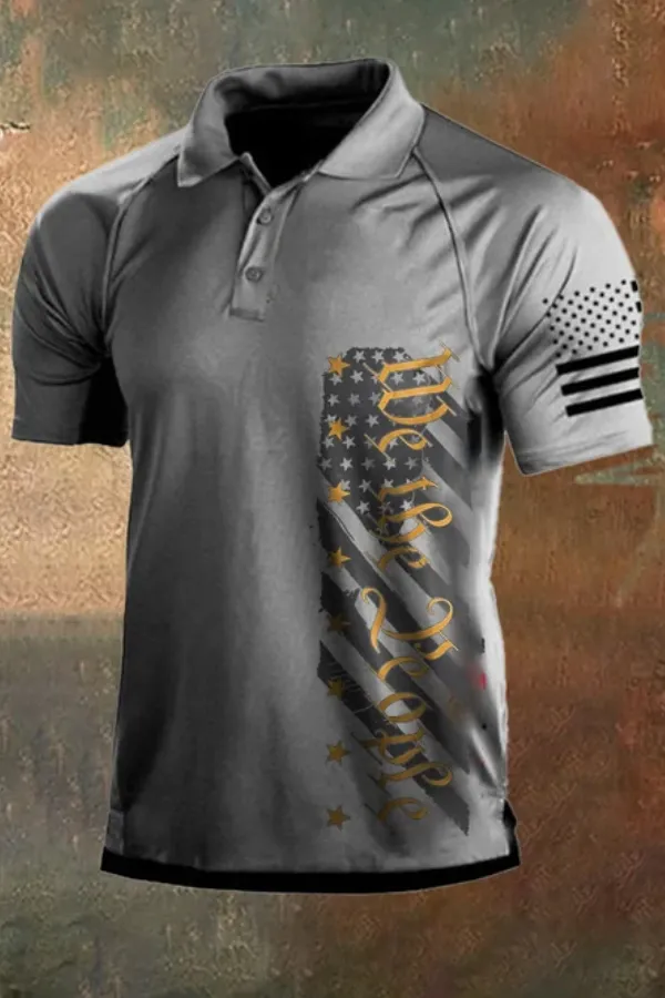 Men's Vintage American Flag Independence Day Color Block Polo Shirt