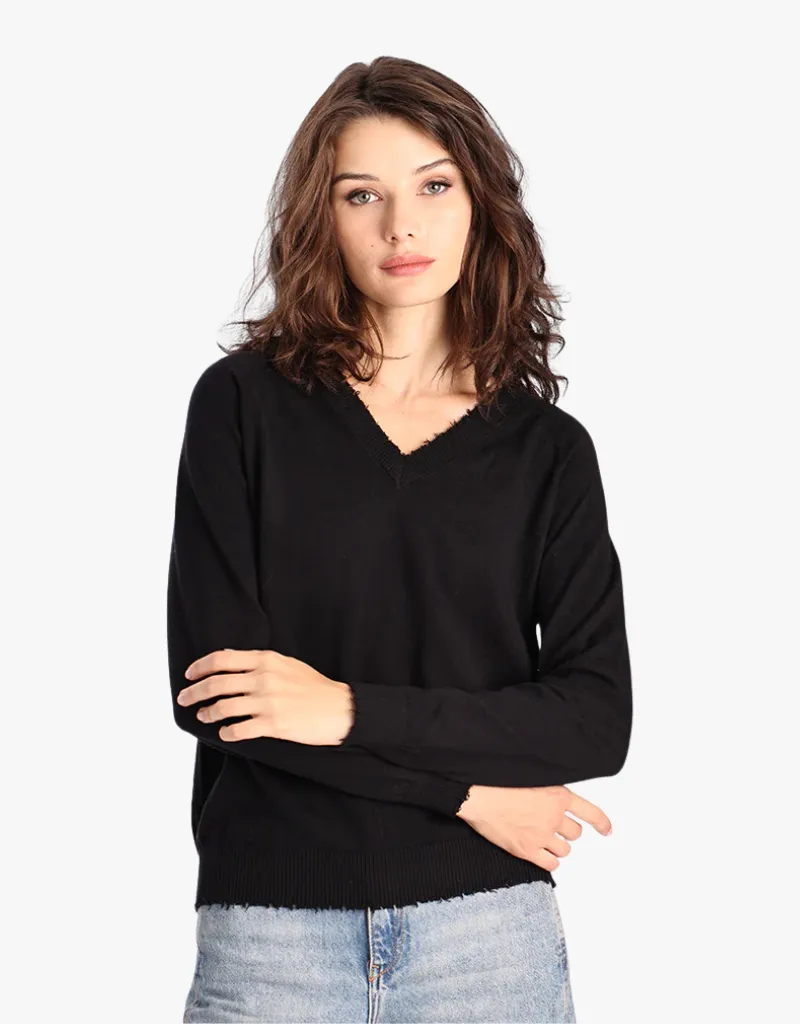 Minnie Rose Cotton Cashmere Frayed Edge V in Black