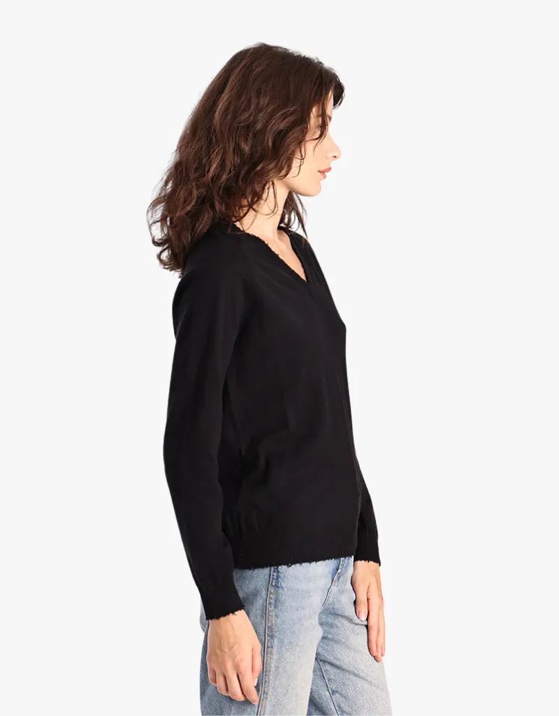 Minnie Rose Cotton Cashmere Frayed Edge V in Black
