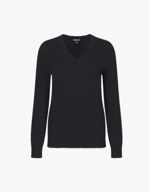 Minnie Rose Cotton Cashmere Frayed Edge V in Black