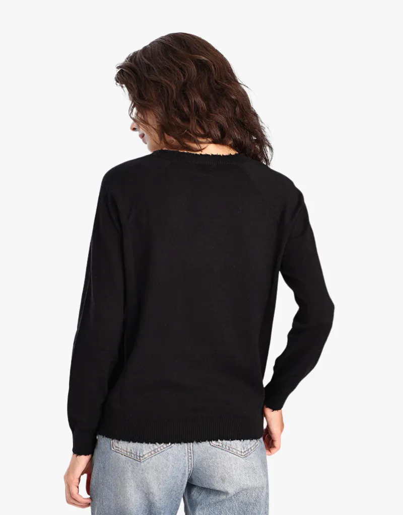 Minnie Rose Cotton Cashmere Frayed Edge V in Black