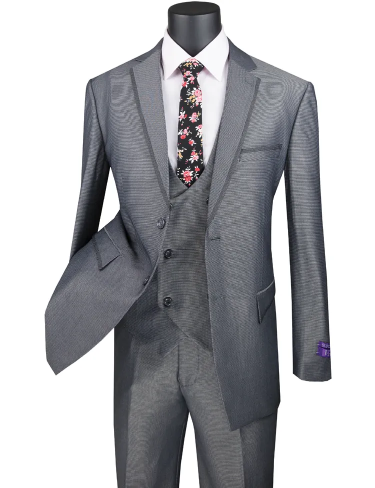 Modern Fit 3 Piece Suit Birdseye Pattern with Contrast Trim (Charcoal) MV2B-1