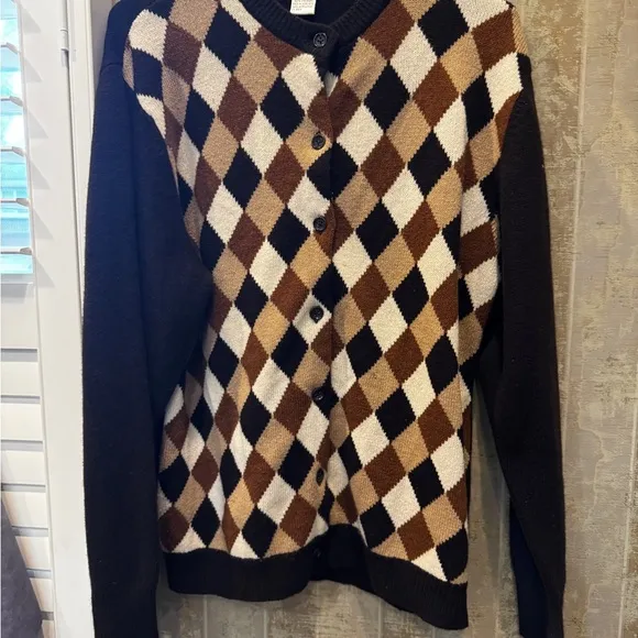 Neiman Marcus Cashmere Argyle brown button up sweater size large