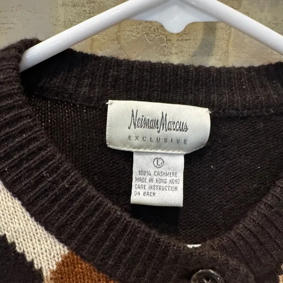 Neiman Marcus Cashmere Argyle brown button up sweater size large