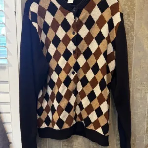 Neiman Marcus Cashmere Argyle brown button up sweater size large