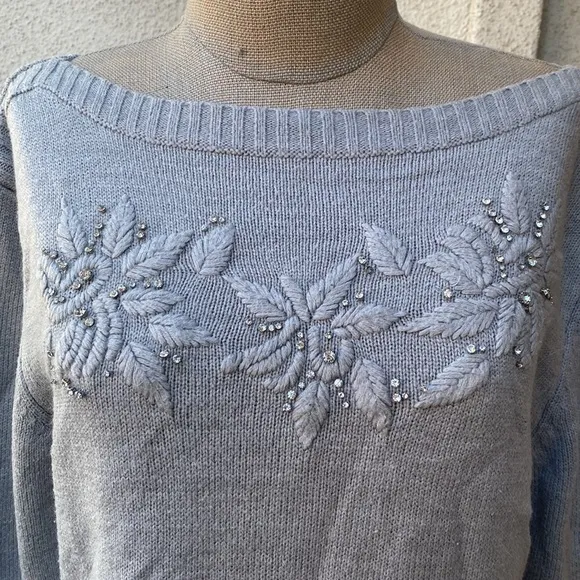 New York &amp; Company beautiful gray sweater with embroidered snowflakes and studs