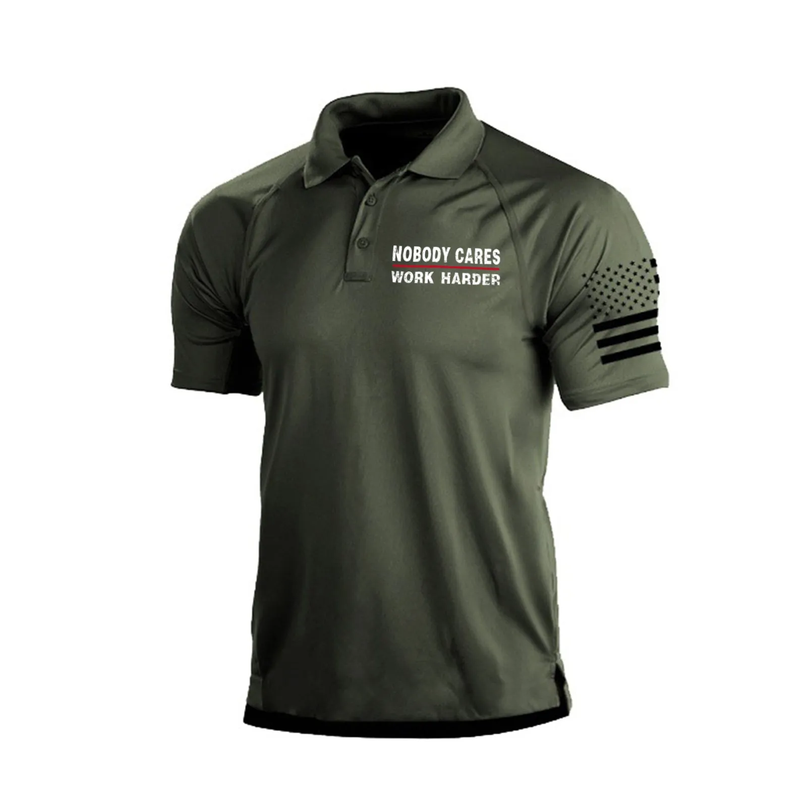 NOBODY CARES WORK HARDER 1/4 BUTTON RAGLAN GRAPHIC POLO SHIRT
