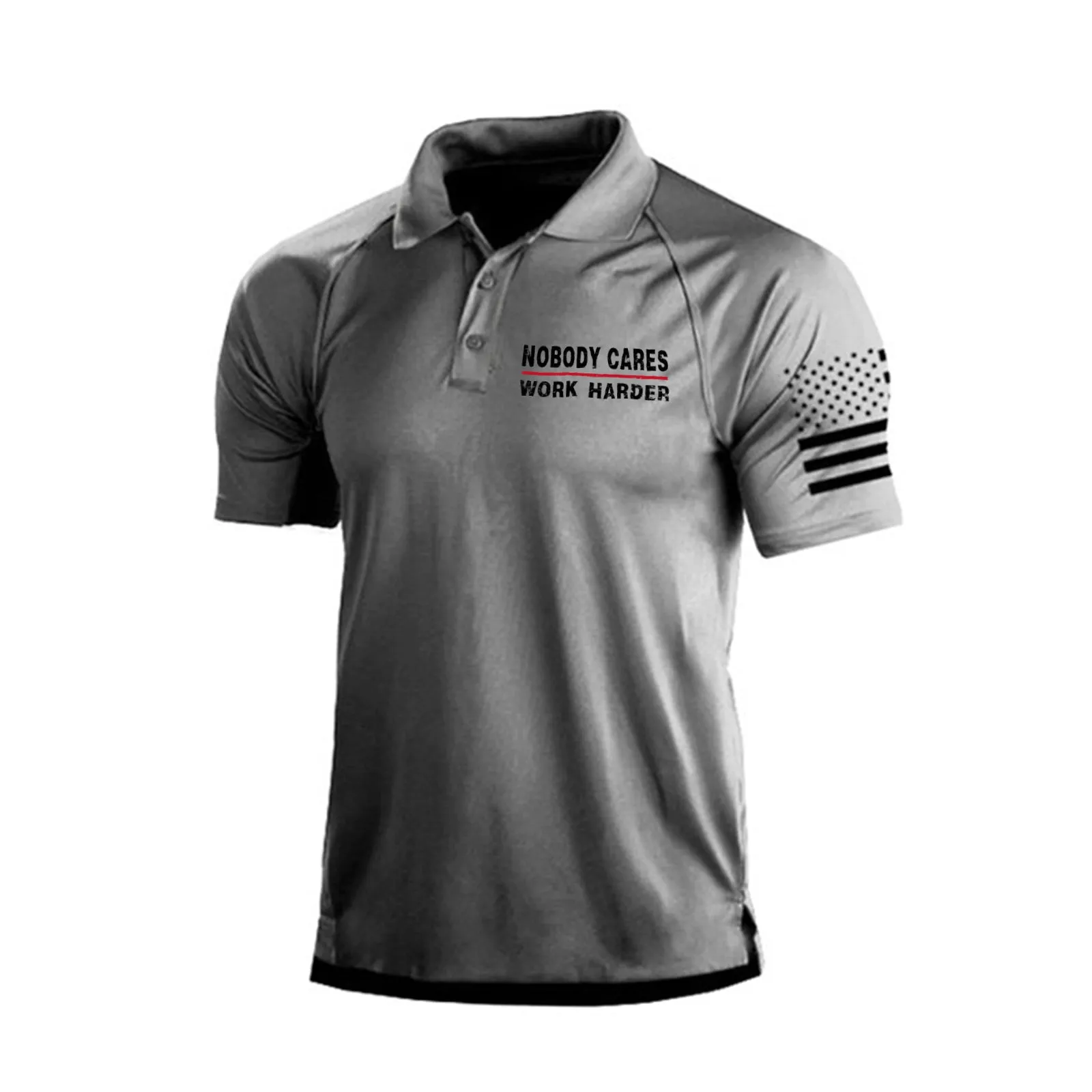 NOBODY CARES WORK HARDER 1/4 BUTTON RAGLAN GRAPHIC POLO SHIRT