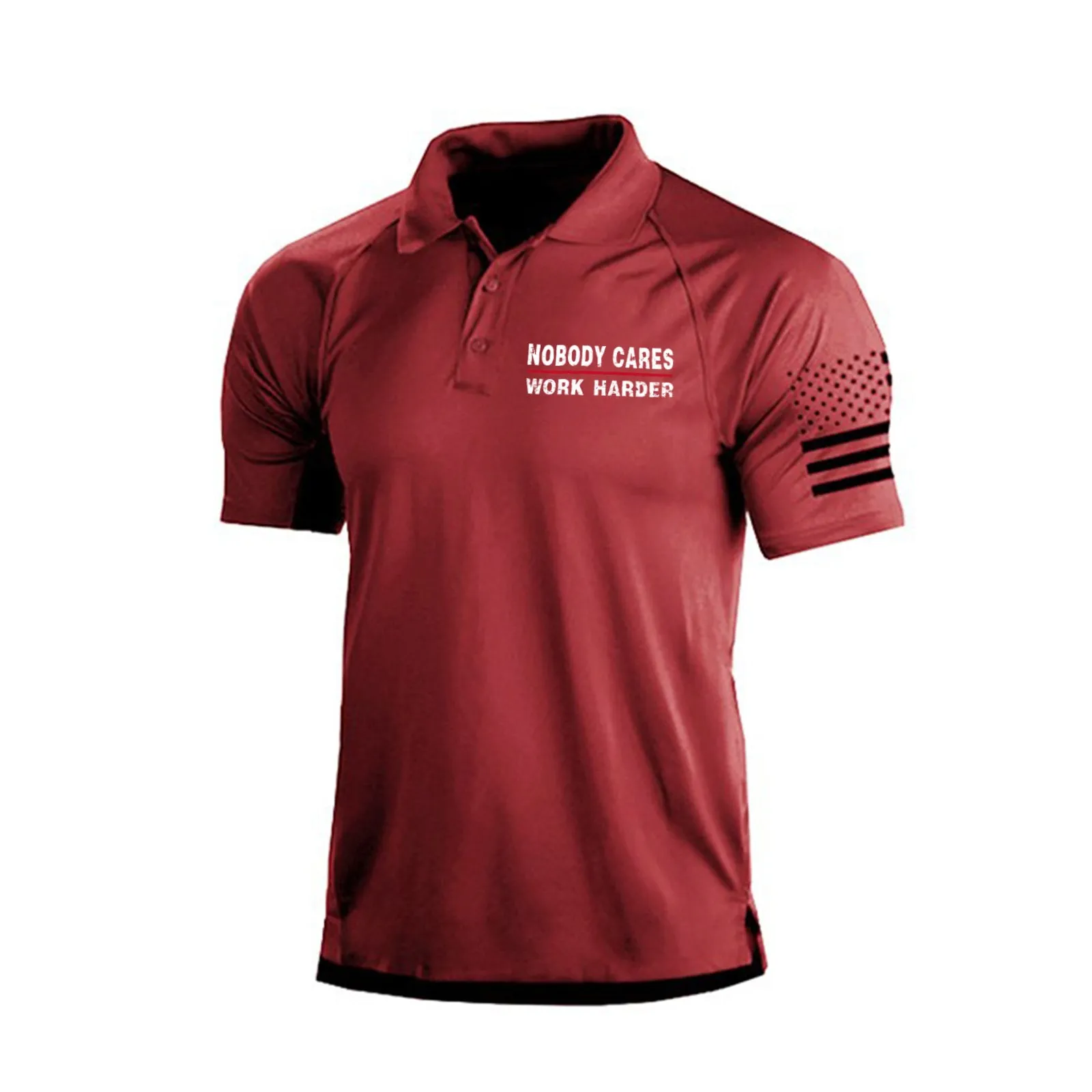 NOBODY CARES WORK HARDER 1/4 BUTTON RAGLAN GRAPHIC POLO SHIRT