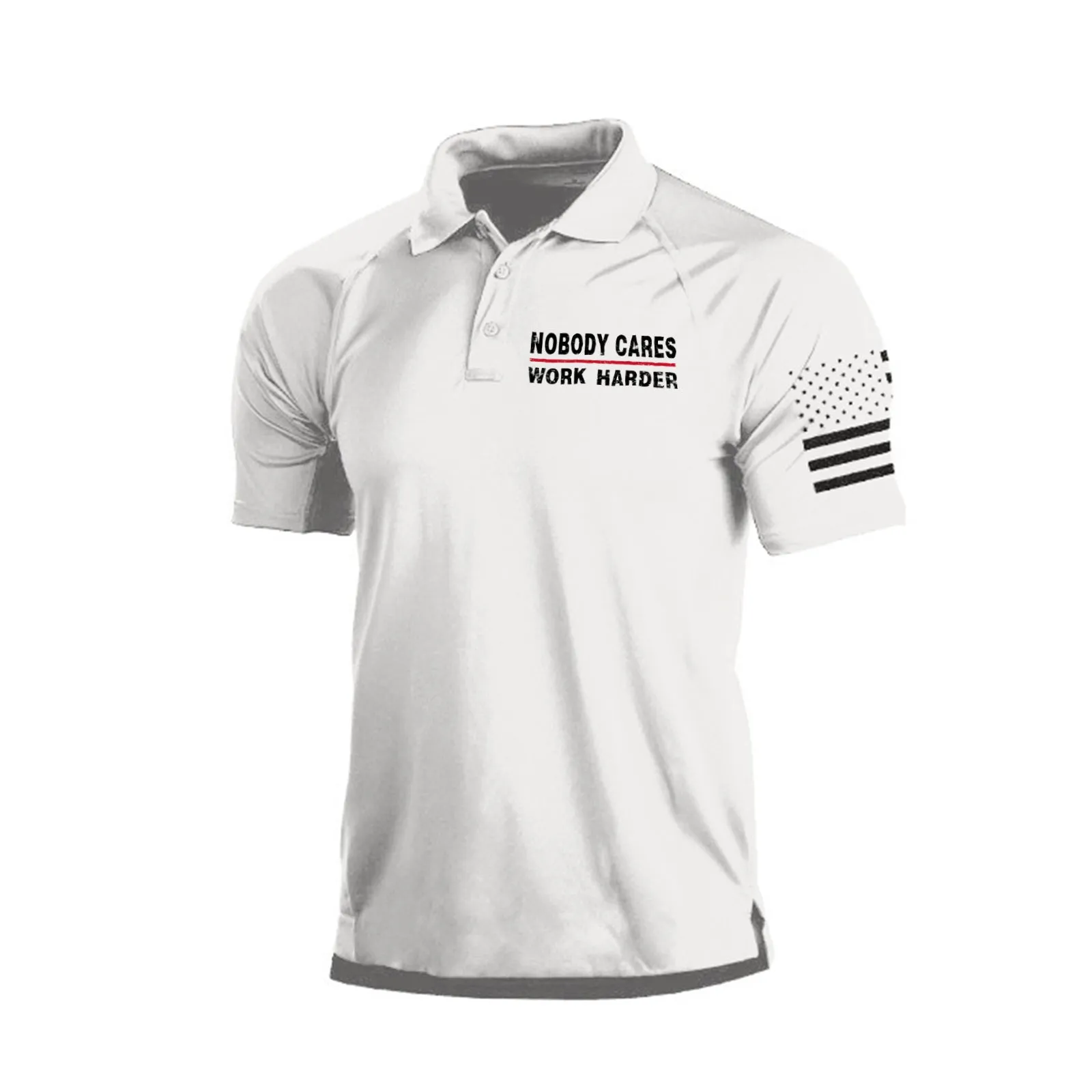 NOBODY CARES WORK HARDER 1/4 BUTTON RAGLAN GRAPHIC POLO SHIRT