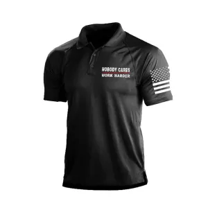 NOBODY CARES WORK HARDER 1/4 BUTTON RAGLAN GRAPHIC POLO SHIRT