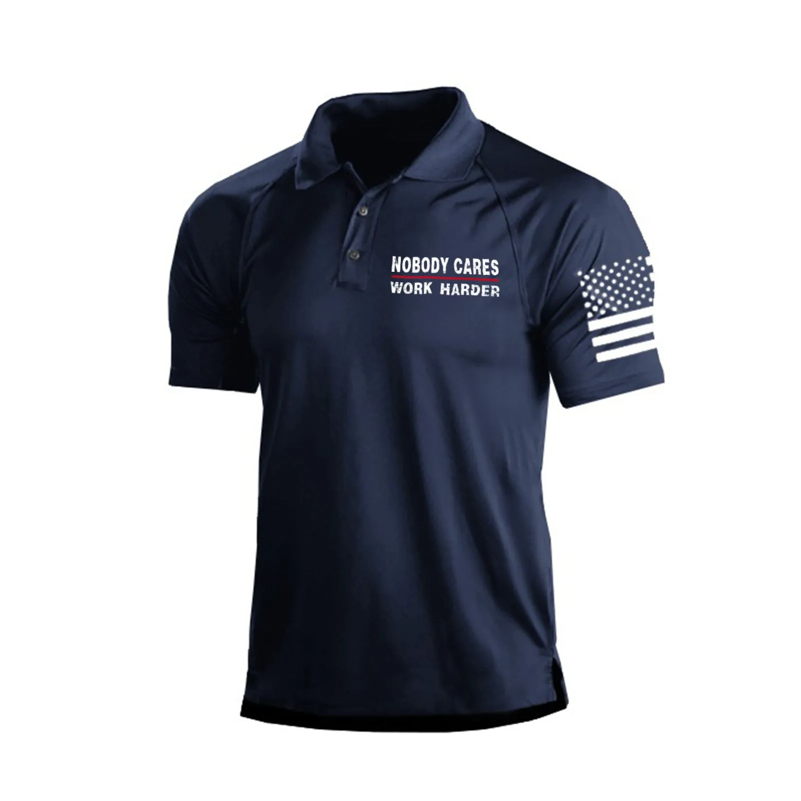NOBODY CARES WORK HARDER 1/4 BUTTON RAGLAN GRAPHIC POLO SHIRT