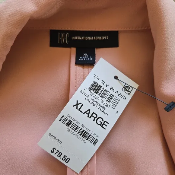 NWT INC International Concepts 3/4 Sleeve Blazer Creamy Peach Long Fit XL