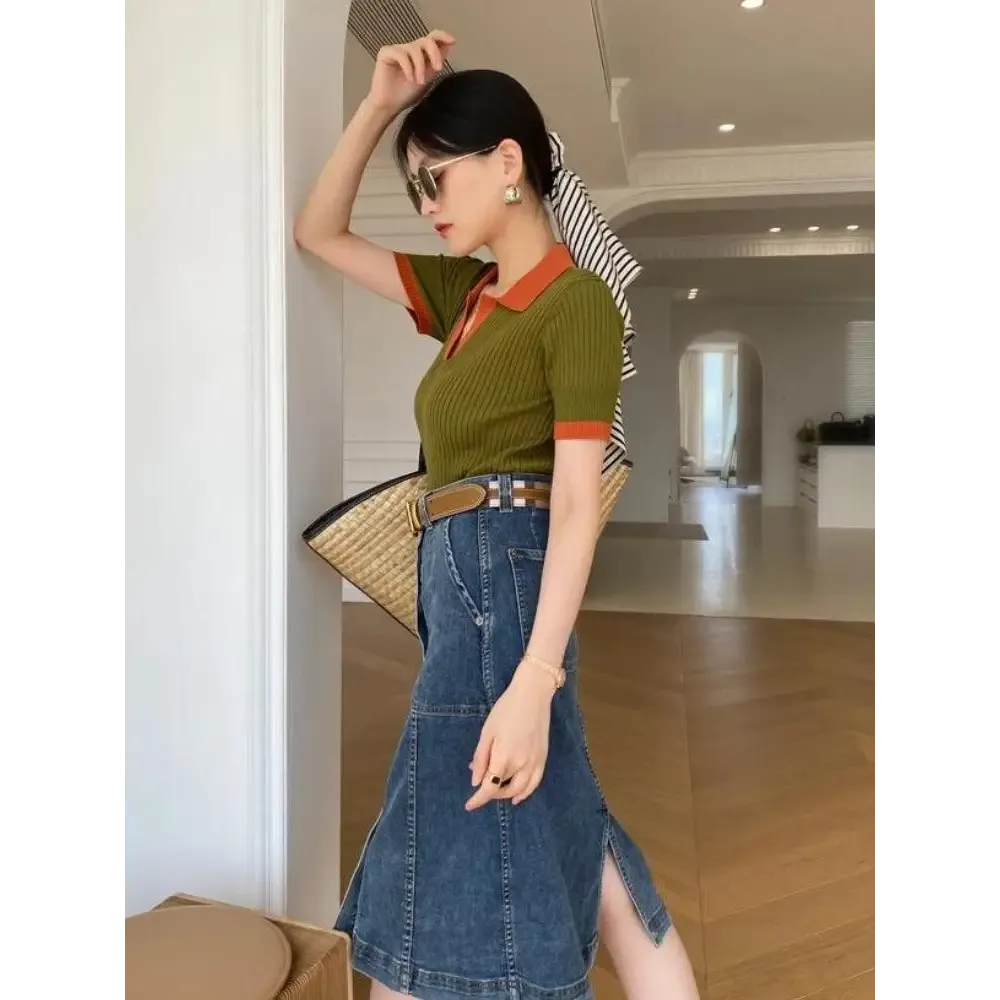 Olive Green Polo Top with Orange Accents for a Y2K Style
