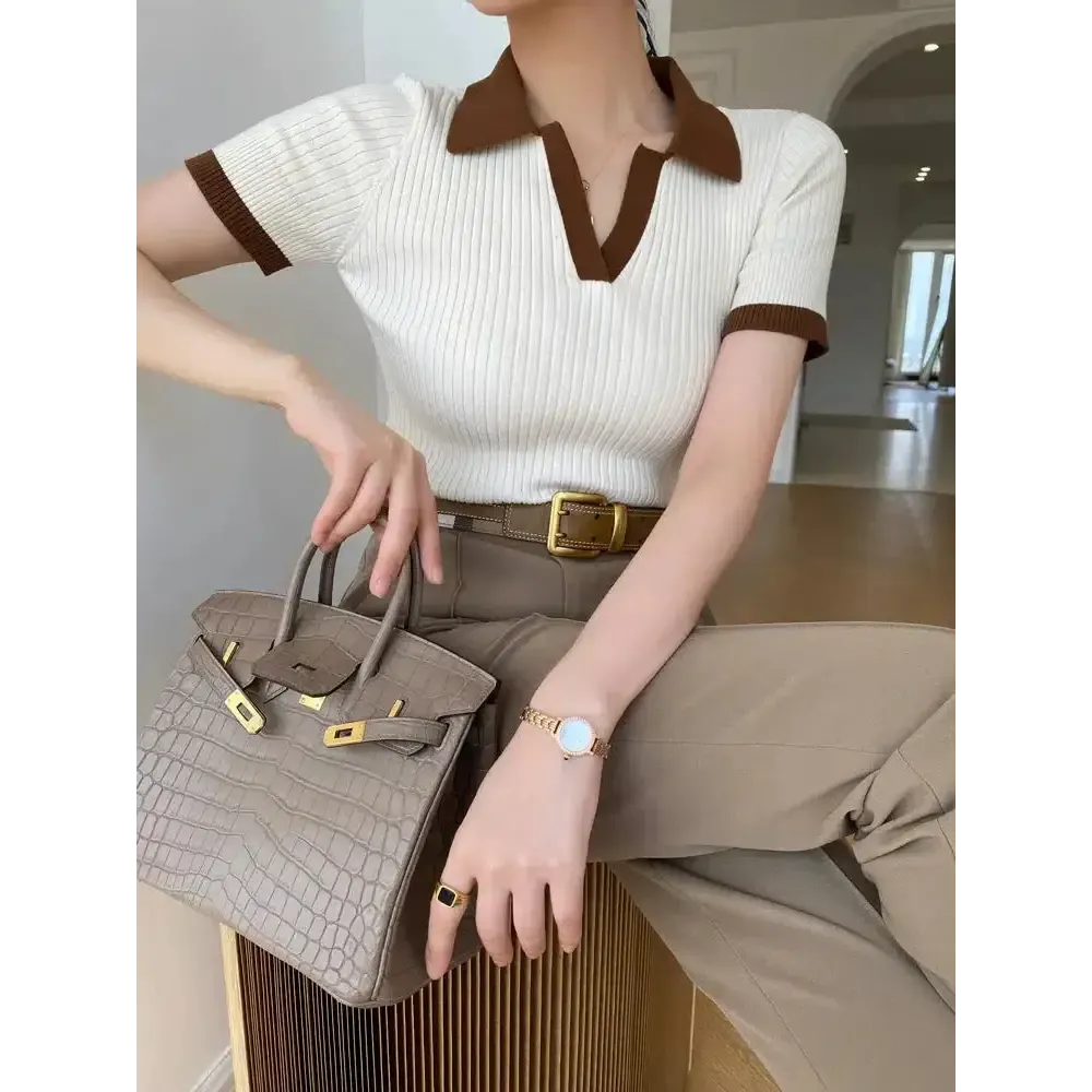 Olive Green Polo Top with Orange Accents for a Y2K Style
