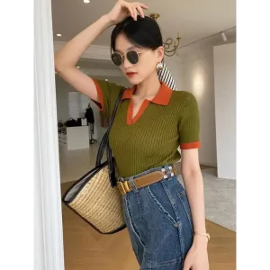 Olive Green Polo Top with Orange Accents for a Y2K Style
