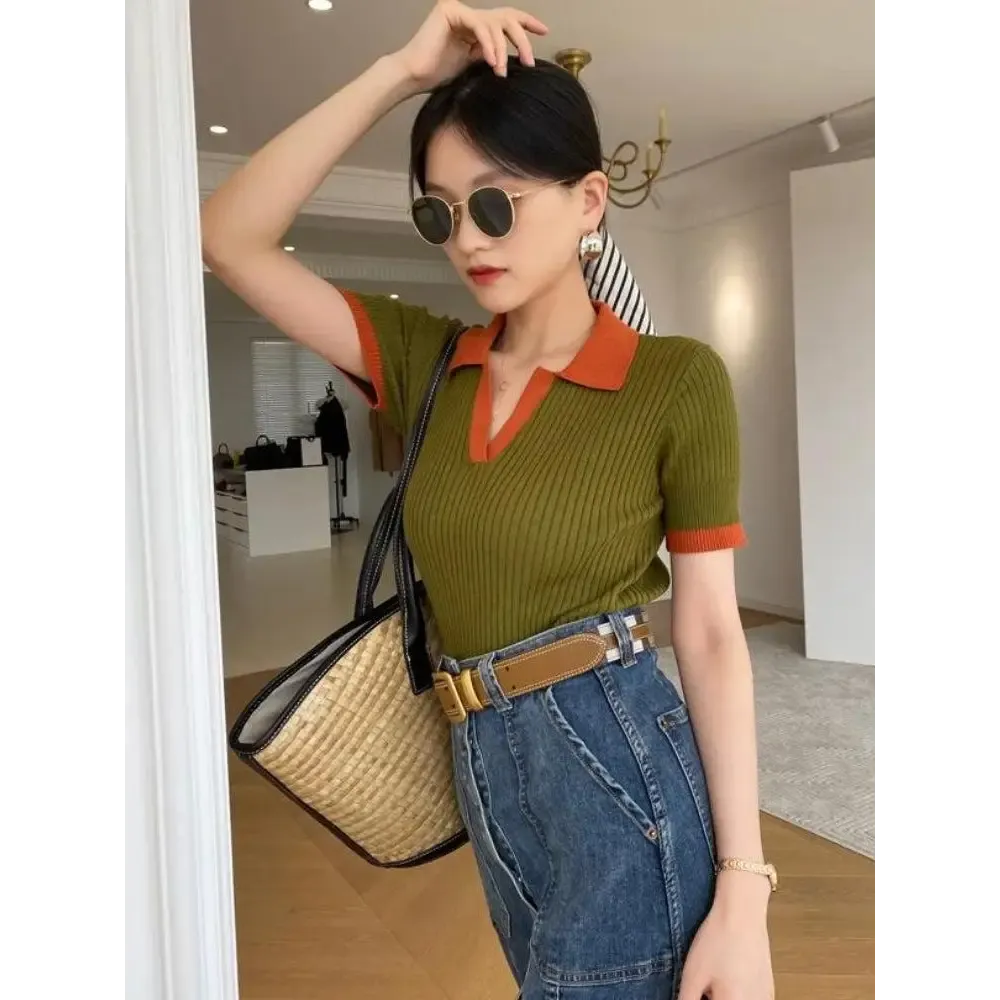 Olive Green Polo Top with Orange Accents for a Y2K Style