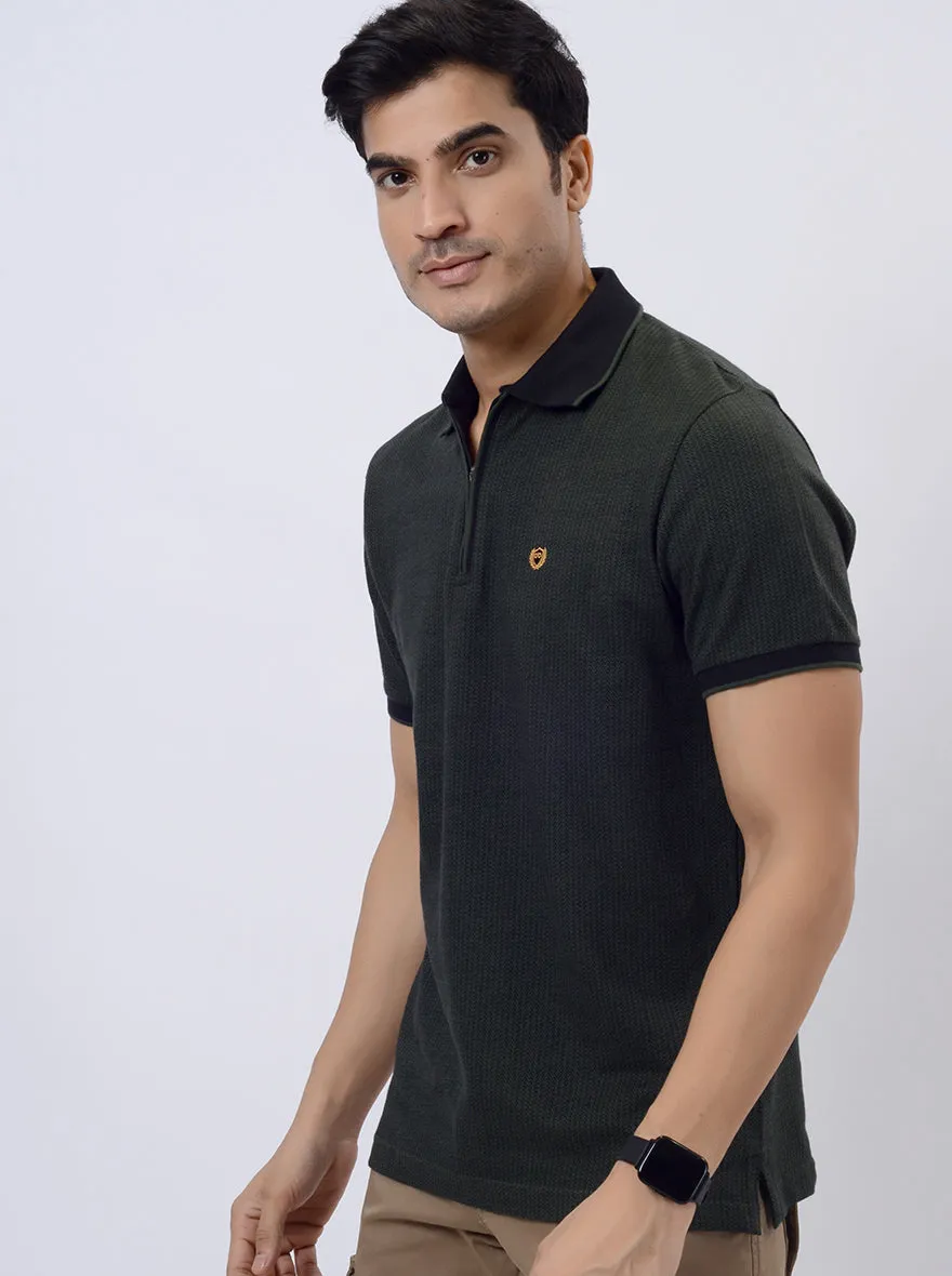 Olive Green Printed Slim Fit Polo T-Shirt | JadeBlue
