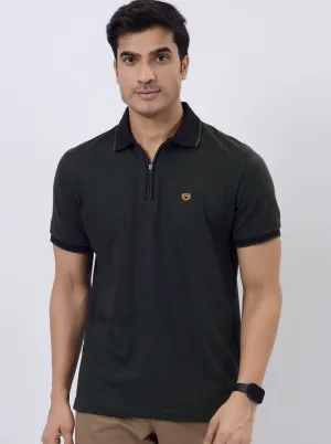 Olive Green Printed Slim Fit Polo T-Shirt | JadeBlue