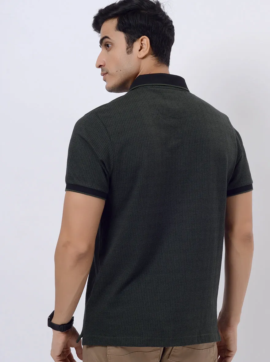 Olive Green Printed Slim Fit Polo T-Shirt | JadeBlue